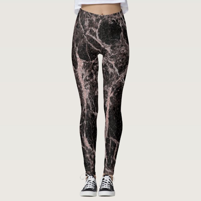 Svart & Roséguld Rosa Glittermarmor Glamour Trendi Leggings (Framsida)