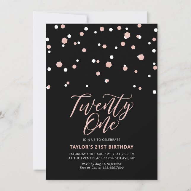 Svart & Roséguld Twenty One 21-årsfest I Inbjudningar (Framsida)