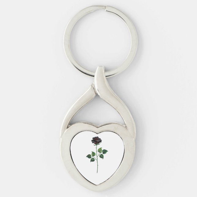 Svart rosenblomma twisted heart silverfärgad nyckelring (Framsidan)