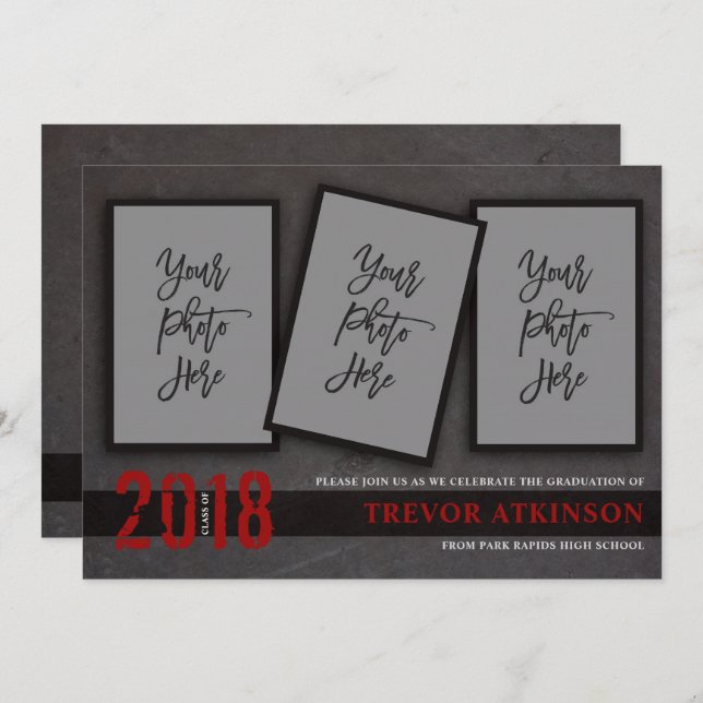 Svart & rött meddelande för fotopojkestudenten inbjudningar (Fram/baksida)