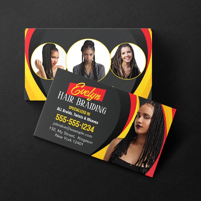 Svart, rött och Gult Hair Braiding Photo Salon Visitkort (Skapare uppladdad)
