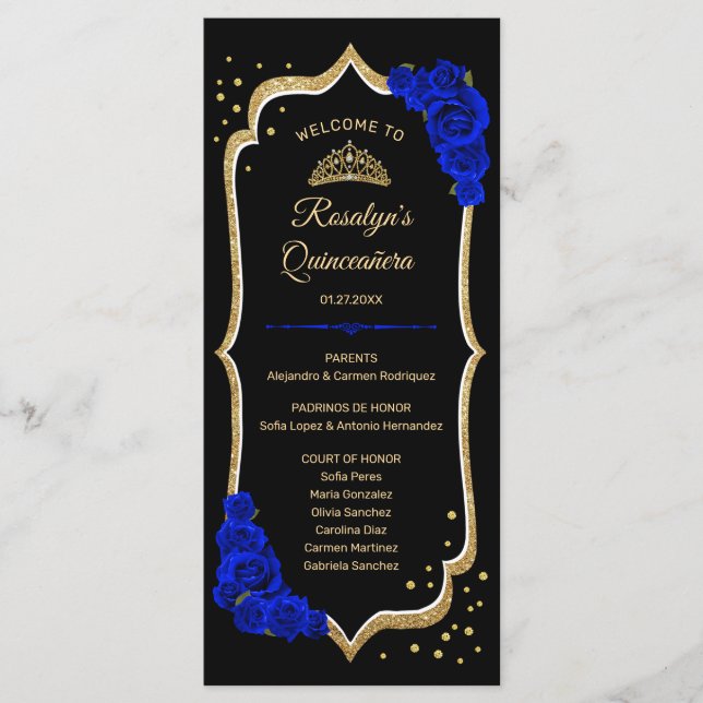 Svart Royal Blå Guld Quinceanera Program (Framsida)