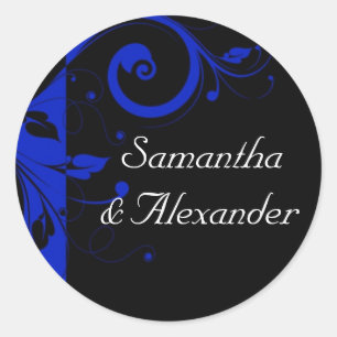 Svart/Royal Blue Reverse Swirl Bröllop Runt Klistermärke