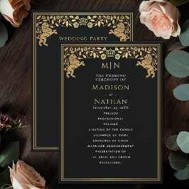 Svart Royal Lejont medeltida ord-Bröllopsprogram Program