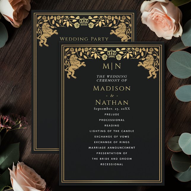 Svart Royal Lejont medeltida ord-Bröllopsprogram Program (Skapare uppladdad)