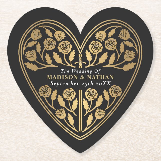 Svart Royal Medeltida Guld Svärd Bröllop Underlägg Papper (Framsida)