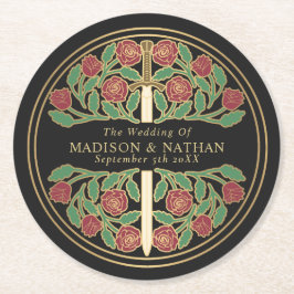 Svart Royal Medeltida Guld Svärd Bröllop Underlägg Papper Rund