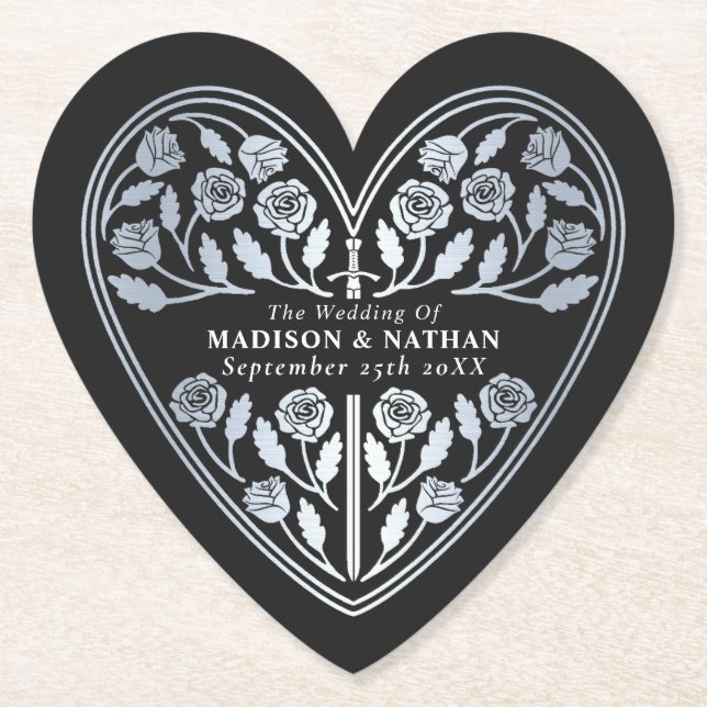 Svart Royal Medeltida Silver Svärd Bröllop Underlägg Papper (Framsida)