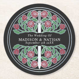 Svart Royal Medeltida Silver Svärd Bröllop Underlägg Papper Rund