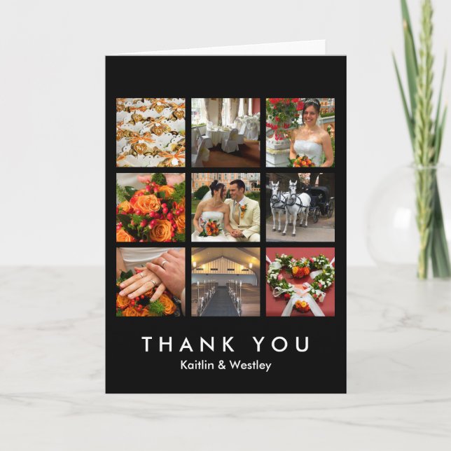 Svart rutnätscollage 9 fotominnen tack kort (Framsida)