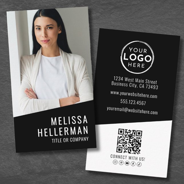 Svart Samtida Foto QR-kod Logotyp Vertikal Visitkort (Black Contemporary Photo QR Code Logo Vertical Business Card)