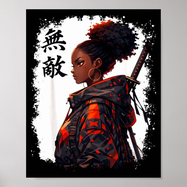 Svart samuraj flicka anime krigare afro afrikansk poster (Framsidan)