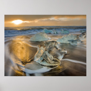 Svart sandstrand Jokulsarlon Södra Island Poster