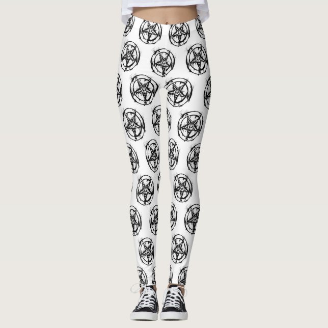 Svart Satanic Pentagramdamasker Leggings (Framsida)