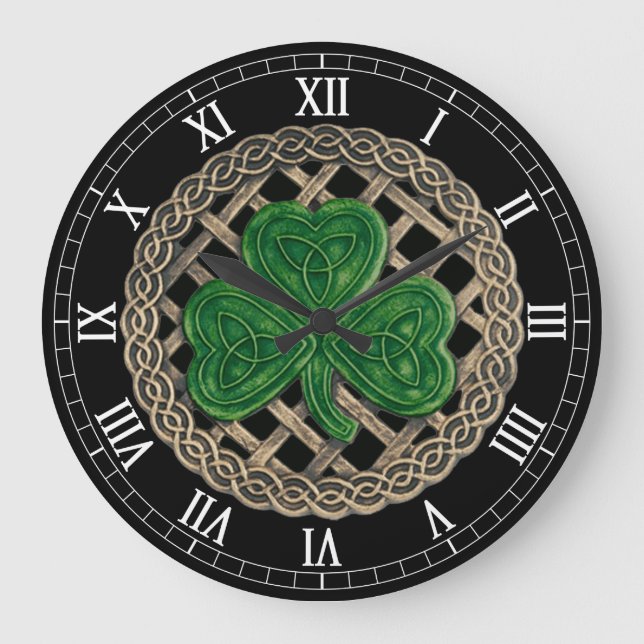 Svart Shamrock & Celtic Knoches Roman Numerals Clo Stor Klocka (Framsida)