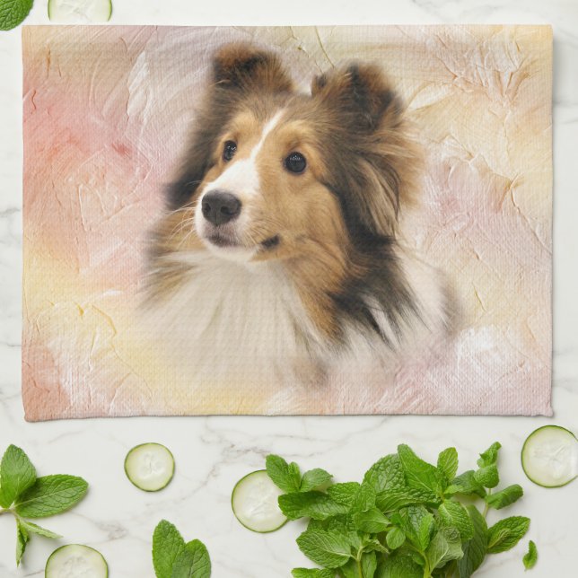 Svart Sheltie ansikte Kökshandduk (Vikta)