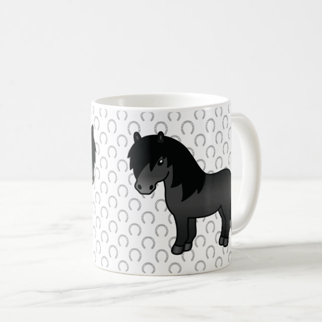 Svart Shetlandsponny Söt Tecknad Illustration Kaffemugg (Framsida höger)