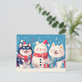 Svart Shiba Inu och Samoyed hund med Snöman Helg Vykort