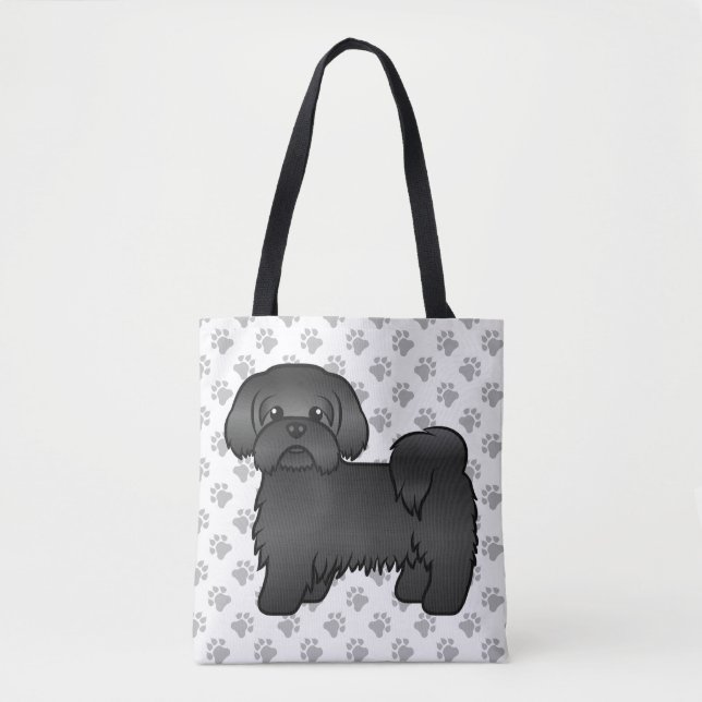 Svart Shih Tzu Söt Tecknad Hund & Tassar Tygkasse (Framsida)