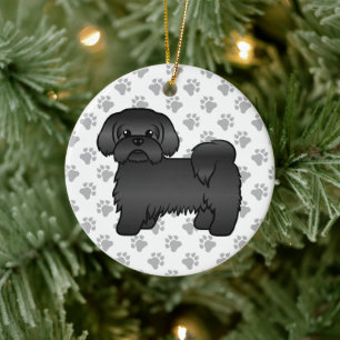 Svart Shih Tzu Söt Tecknad Hundillustration Julgransprydnad Keramik