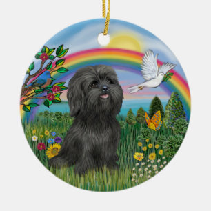 Svart Shih Tzu vid Regnbågsbron med fjäril Julgransprydnad Keramik