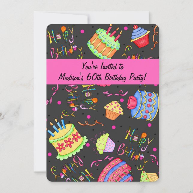 Svart Shock rosa Cake 60:e födelsedagsinbjudan Inbjudningar (Framsida)