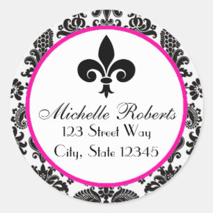 Svart &Shock rosa Damask Fleur De Lys-adressetiket Runt Klistermärke