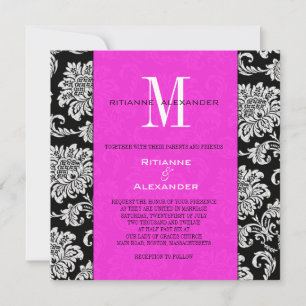 Svart Shock rosa Monogram-bröllopsinbjudan Inbjudningar