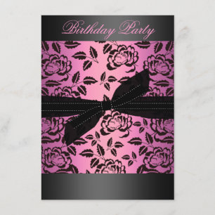 Svart/Shock rosa och Ro och Bow Birthday-inbjudan Inbjudningar