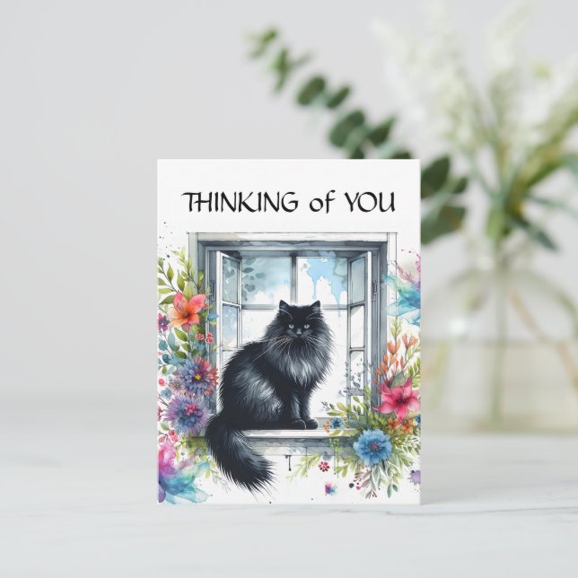 Svart sibiisk katt i Windows Watercolor-Blommigt Vykort (Stående Fram)