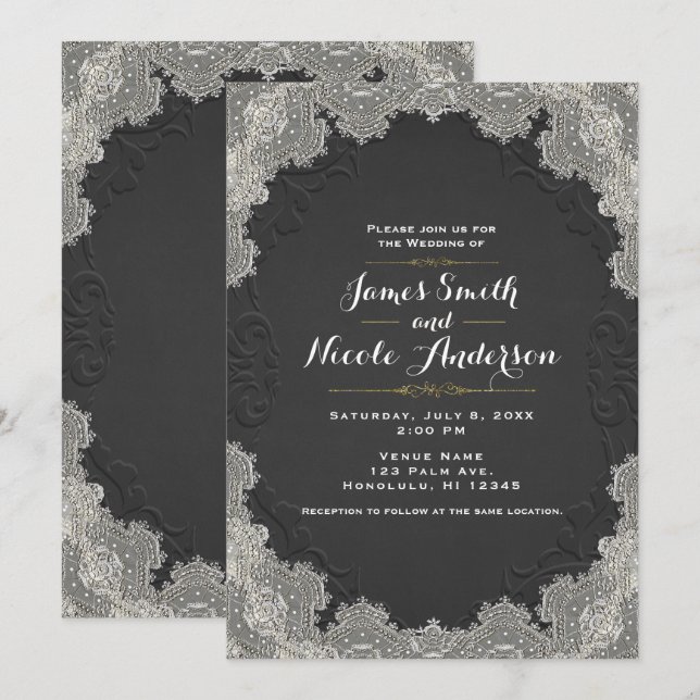 Svart Sidenläder Vintage Spetsväst Wedding Inbjudningar (Fram/baksida)