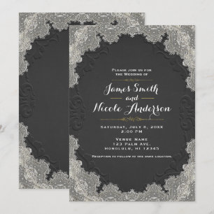Svart Sidenläder Vintage Spetsväst Wedding Inbjudningar