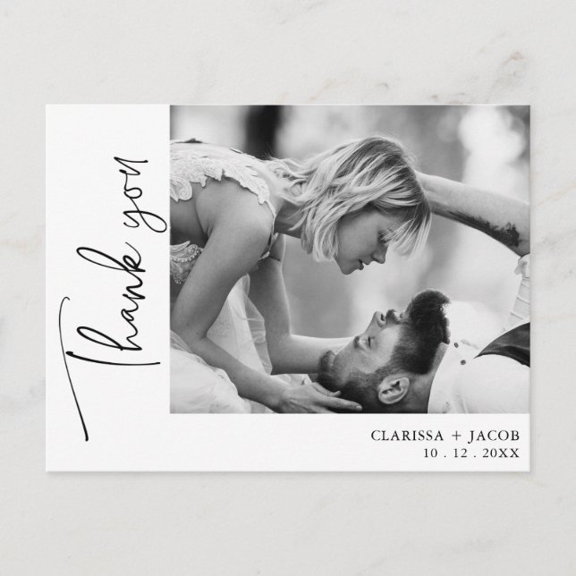 Svart sidfoto-skript med Bröllop-vykort Tack Vykort (Framsida)