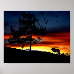 Svart Silhouette av Varg, fåglar och Träd i Sunset Poster