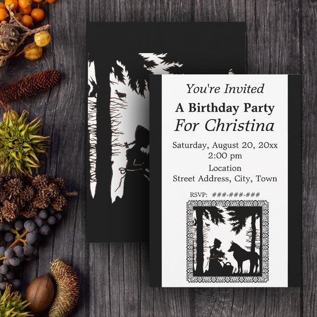 Svart Silhouette Red Riding Huva Varg Inbjudningar (Little Red Riding Hood Wolf in black and white on Birthday party invitations.)