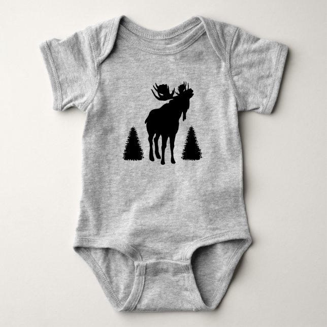 Svart Silhuett Älg Tallar T Shirt (Framsida)