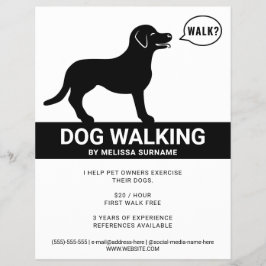 Svart silhuett av hund som säger promenad - hundpr reklamblad