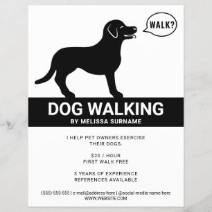 Svart silhuett av hund som säger promenad - hundpr reklamblad