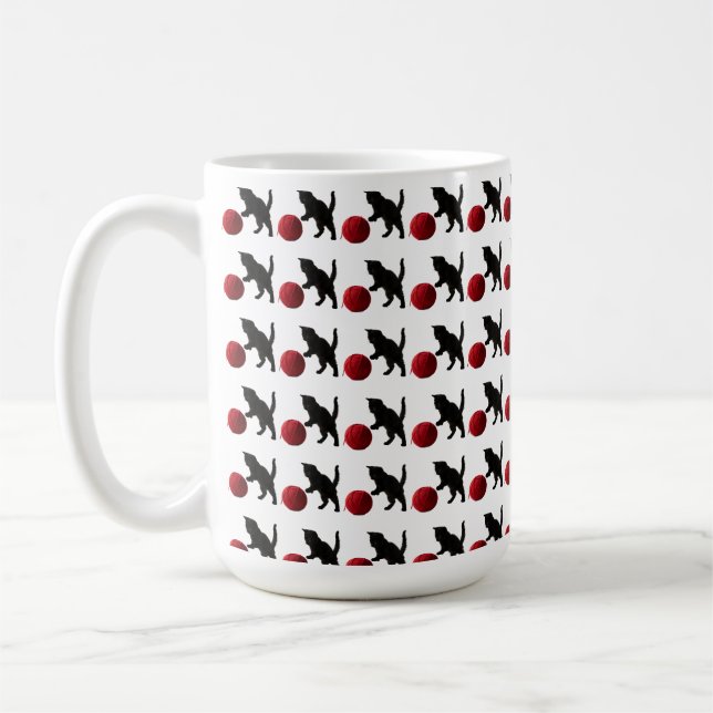 Svart Silhuett Katt, med röd ull Boll (Multi) Kaffemugg (Vänster)