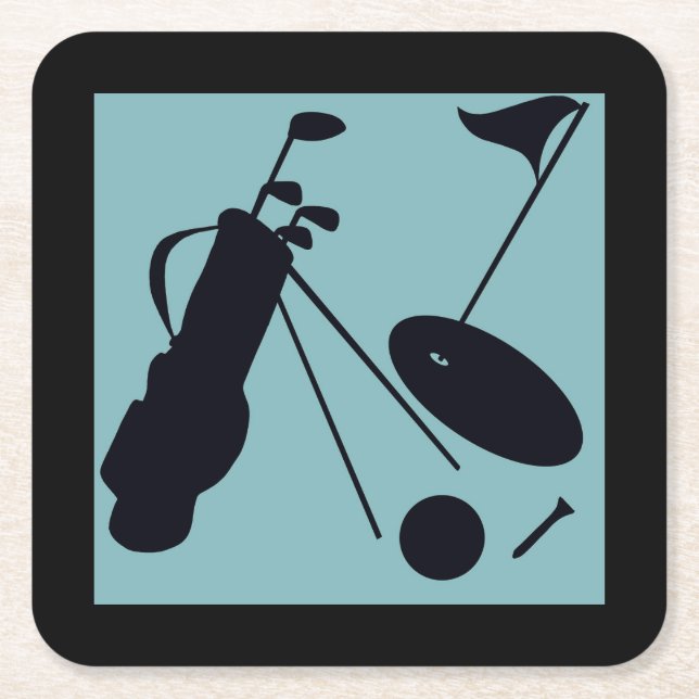 Svart silhuetter av golfartiklar på blå bakgrund underlägg papper kvadrat (Framsidan)