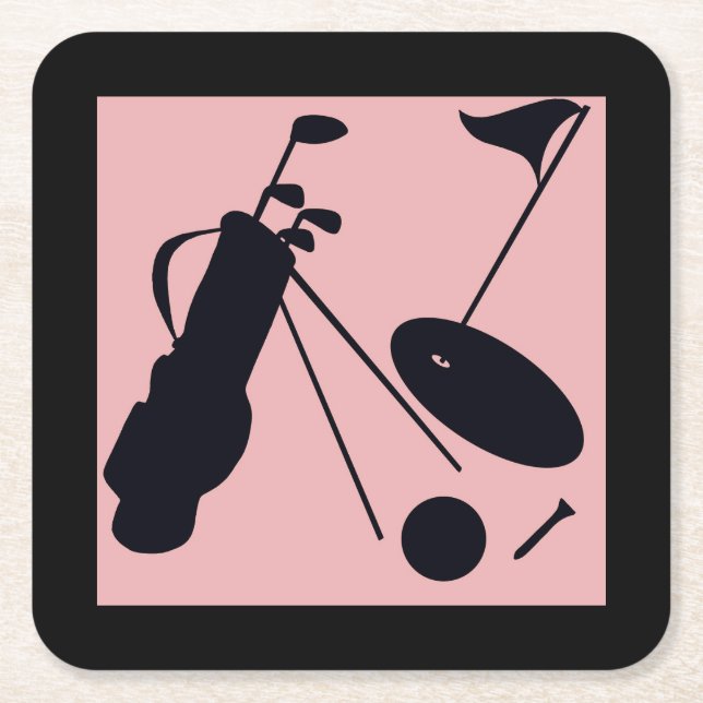 Svart silhuetter av golfartiklar på rosans bakgrun underlägg papper kvadrat (Framsidan)