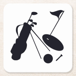 Svart silhuetter av golfartiklar på vita underlägg papper kvadrat