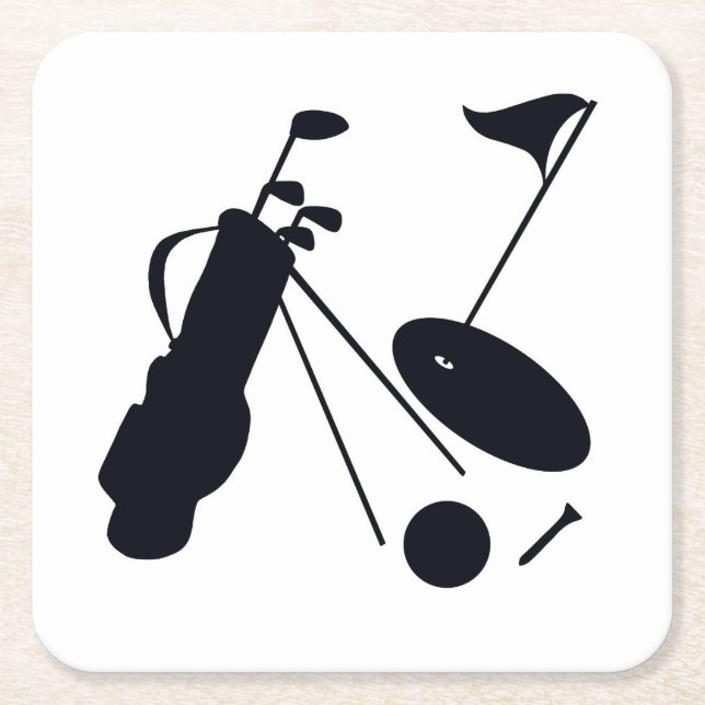 Svart silhuetter av golfartiklar på vita underlägg papper kvadrat (Framsidan)