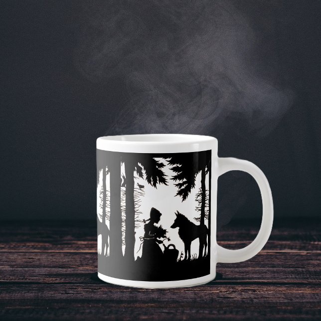 Svart siluett Röd Luvtröja Varg Skog Jumbo Mugg (Red riding hood with flowers under trees with wolf on black and white coffee or tea mug.)