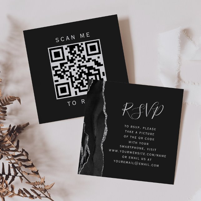 Svart Silver Agat Mörkt Bröllop QR-kod RSVP Tilläggskort (Skapare uppladdad)