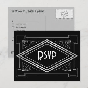 Svart & Silver Art Deco Gatsby-Inspirerad Bröllop Vykort