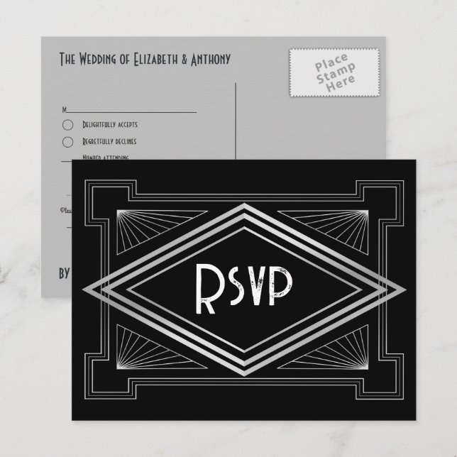 Svart & Silver Art Deco Gatsby-Inspirerad Bröllop Vykort (Fram/baksida)