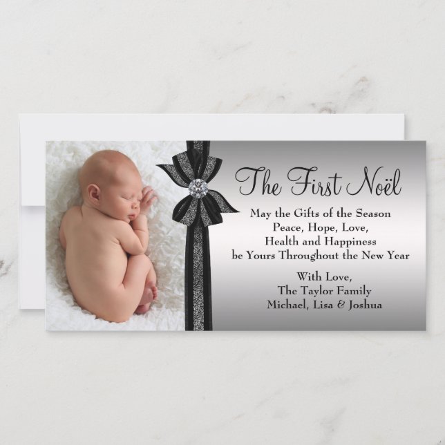 Svart Silver Baby's Första Jul Fotokort Julkort (Framsida)