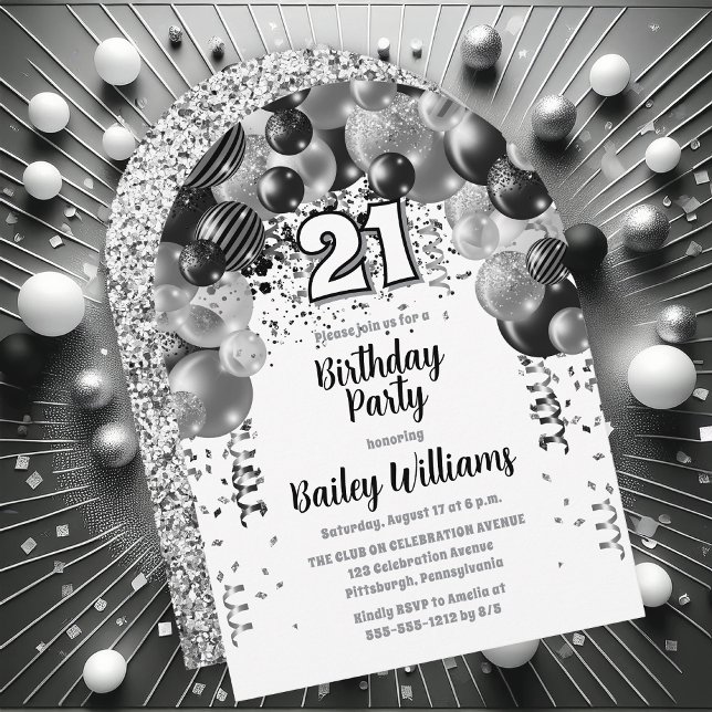 Svart Silver-ballonger 21:a födelsedag Party Inbjudningar (Black | Silver Balloons "21" 21st Birthday Party Invitations - Print and/or Download Available)