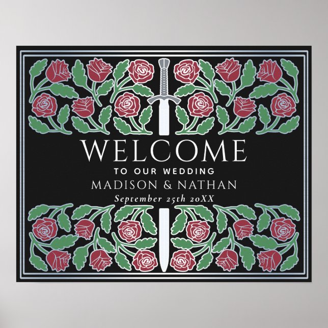 Svart Silver Blommig Kunglig Bröllops Välkomstskyl Poster (Framsidan)